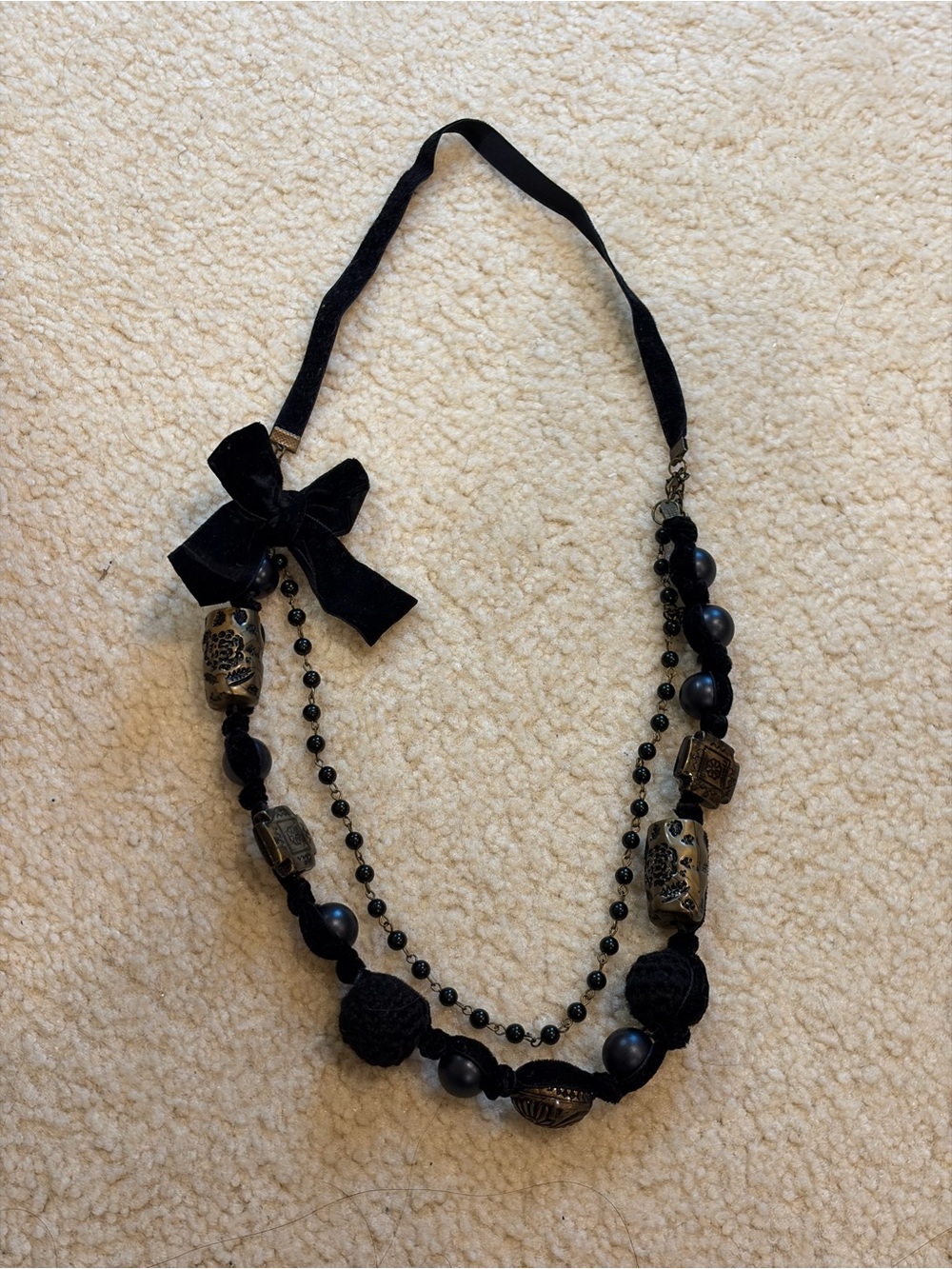 Black Beaded Ribbon Statement Necklace - Women Jewelry